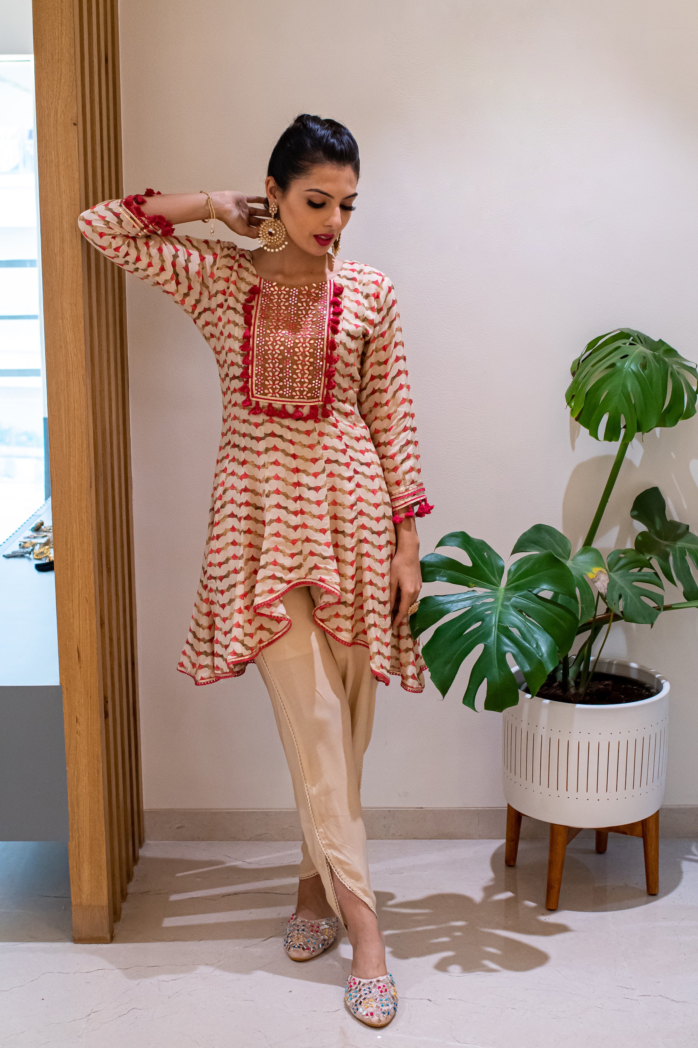 Pink cutwork embroidery kurta and off white tulip pants  set of two by  Keva  The Secret Label