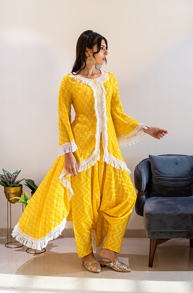 MATARGASHTI - Asymmetrical Long Kurta with Dhoti  Pants - Yellow