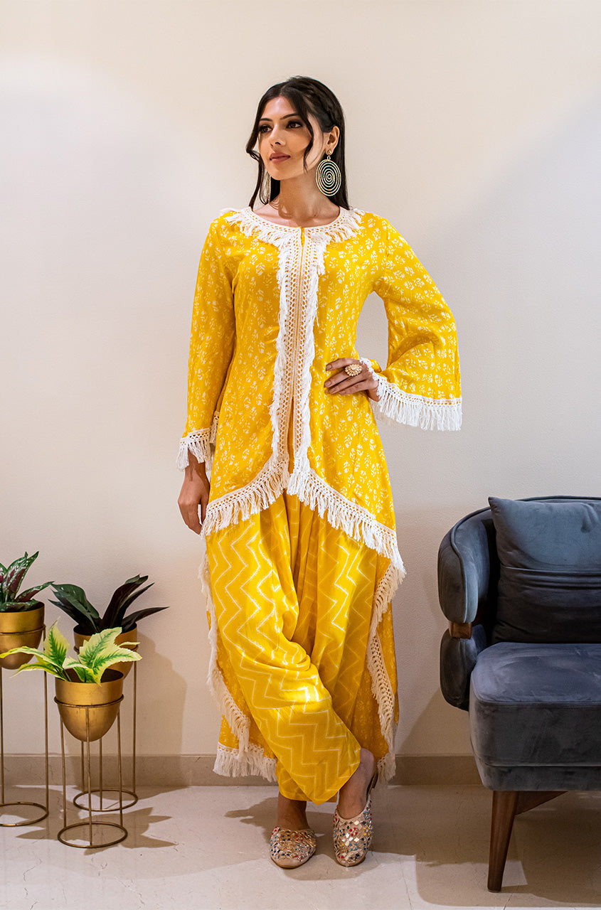 MATARGASHTI  Asymmetrical Long Kurta with Dhoti Pants  Yellow  Ishnya