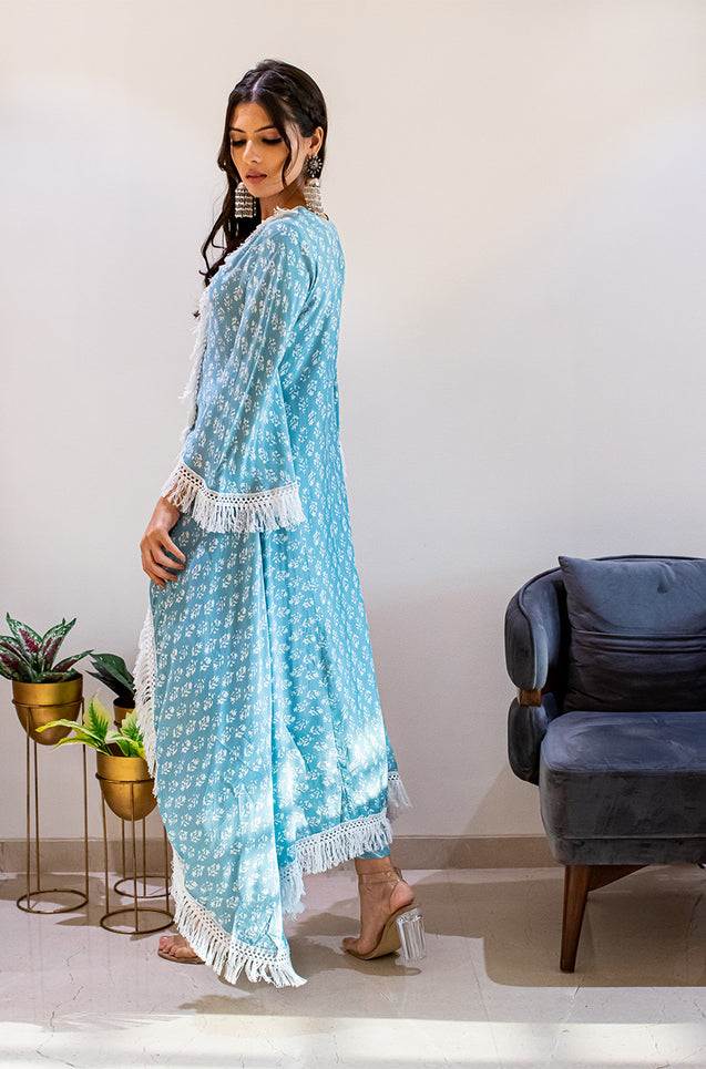 MATARGASHTI - Asymmetrical Long Kurta with Dhoti  Pants - Blue
