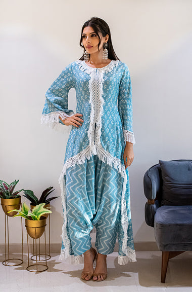 MATARGASHTI - Blue Asymmetrical Long Kurta with Dhoti  Pants