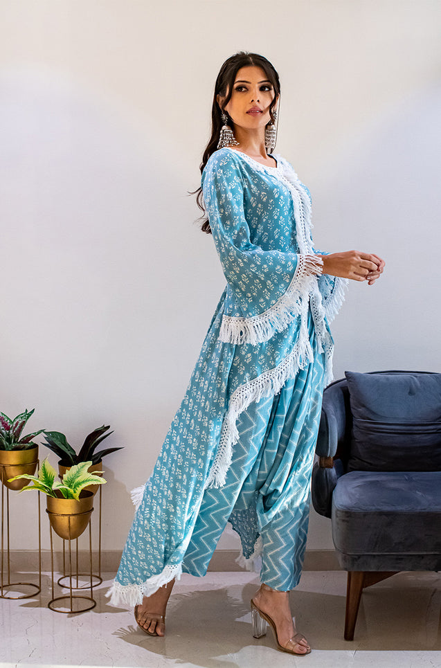 MATARGASHTI - Asymmetrical Long Kurta with Dhoti  Pants - Blue