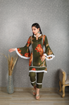 Bottle Green Floral Printed Two Piece Set With Kurta And Pants