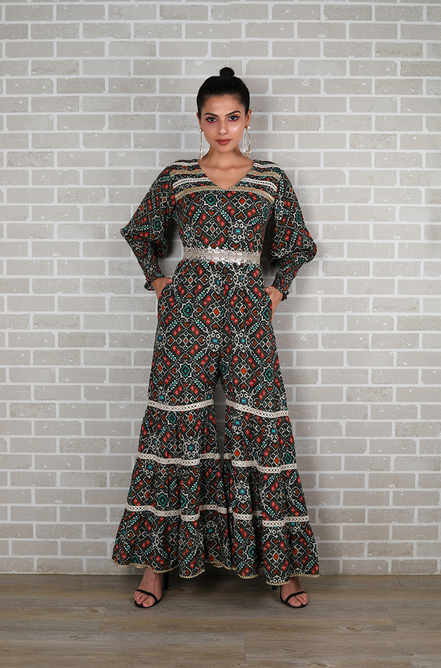 ALLOY- Sharara Jumpsuit With Gota  Belt- Emerald Green