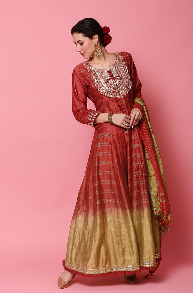 SANJH -  Rust and Green Gown Style With Tie-Dye Dupatta