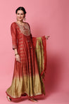 SANJH -  Rust and Green Gown Style With Tie-Dye Dupatta