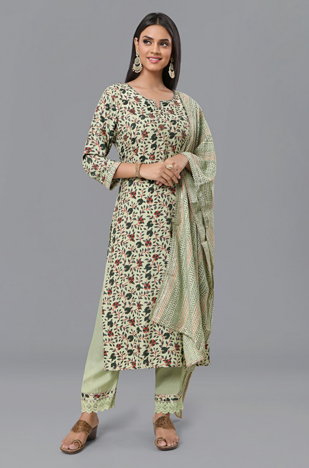 PANAAH - Green Three Piece Kurta Set with Dupatta