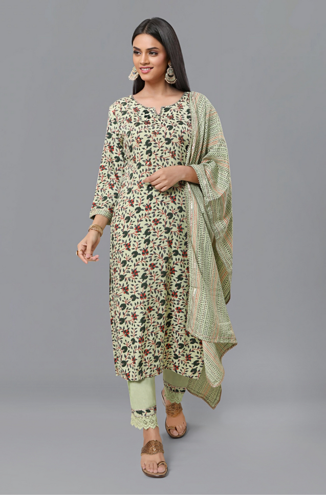 PANAAH - Green Three Piece Kurta Set with Dupatta