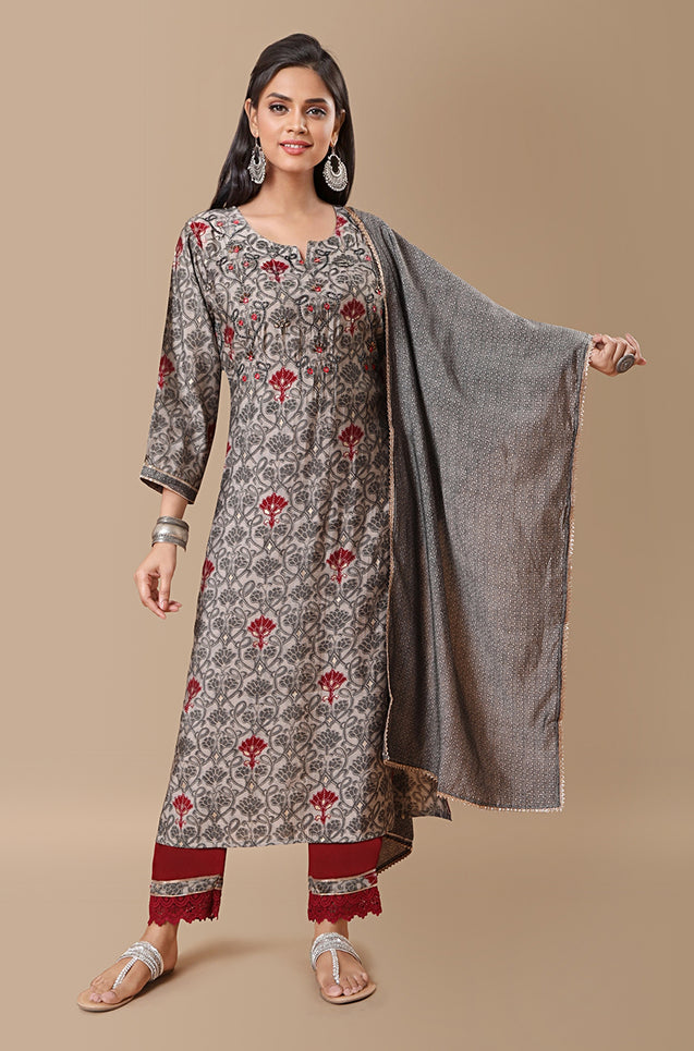 PANAAH - Maroon 3 Piece Kurta Set with Dupatta