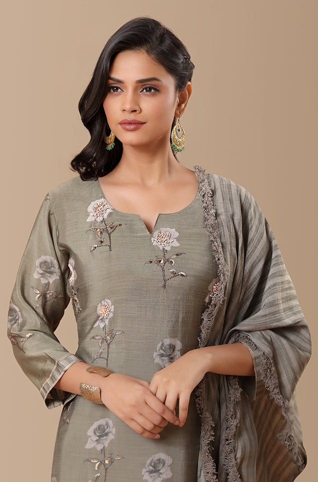 PANAAH - Sage Green 3 Piece Kurta Set with Dupatta