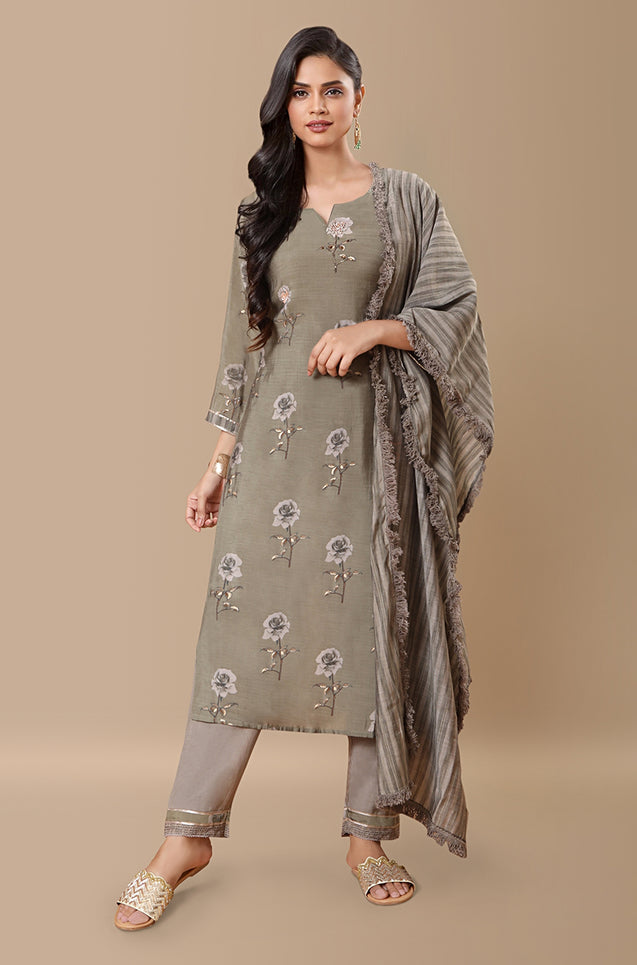 PANAAH - Sage Green 3 Piece Kurta Set with Dupatta