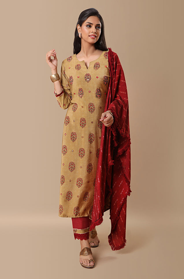 PANAAH - Beige Red 3 Piece Kurta Set with Dupatta