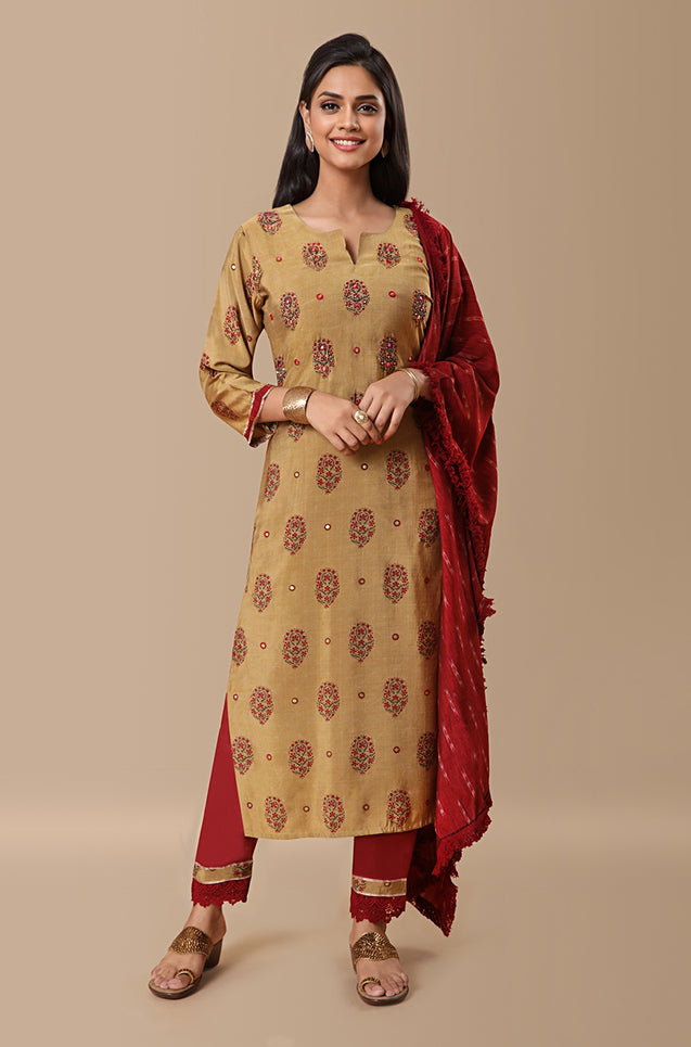 PANAAH - Beige Red 3 Piece Kurta Set with Dupatta