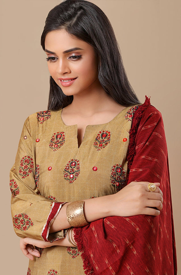 PANAAH - Beige Red 3 Piece Kurta Set with Dupatta