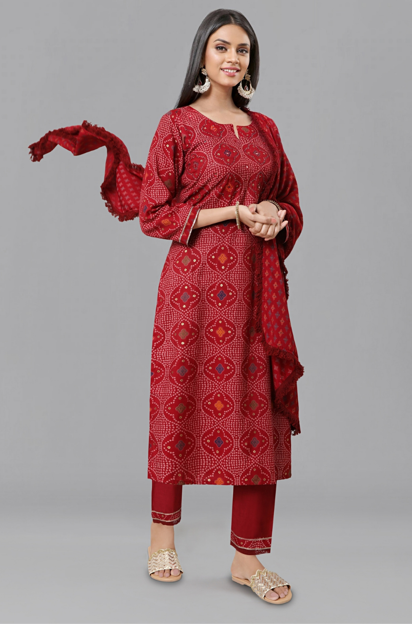 Bright Red Mugal Anarkali Suit Set  Hatheli