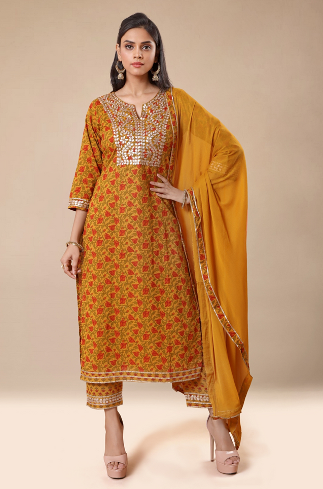 MIRA by Ishnya - Mustard Green 3 Piece Kurta Set