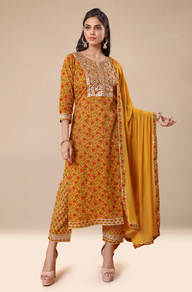 MIRA by Ishnya - Mustard Green 3 Piece Kurta Set