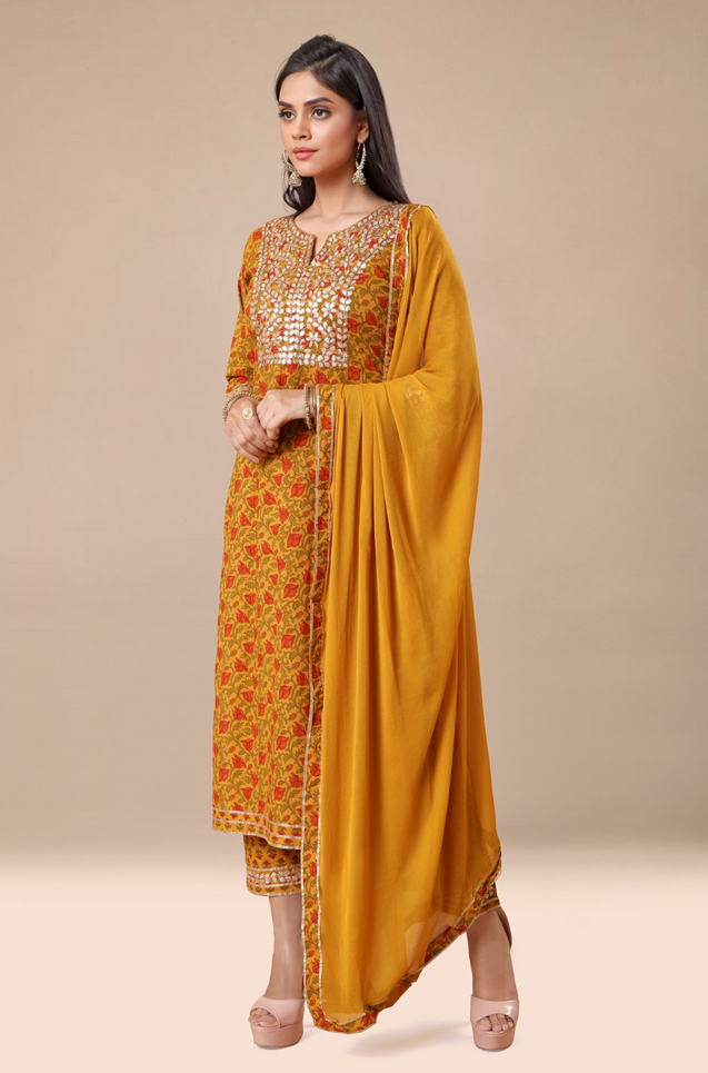 MIRA by Ishnya - Mustard Green 3 Piece Kurta Set