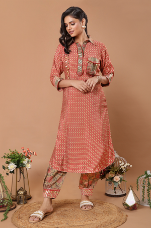Oye Pathani -  Coral Pathani Set with Gota Patti and Coin Details