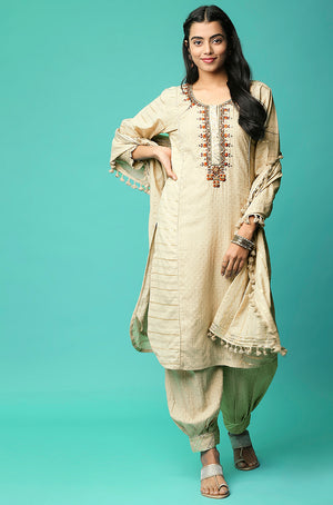 SANJH -  Cement Embroidered Cotton Suit Sets With Duppatta