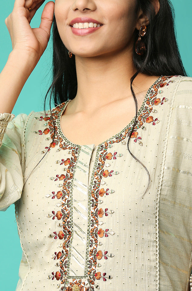 SANJH -  Cement Embroidered Cotton Suit Sets With Duppatta
