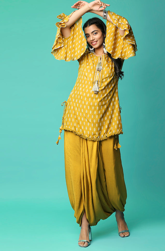 MATARGASHTI -  Mustard Printed Short Kurta With Lungi Skirt