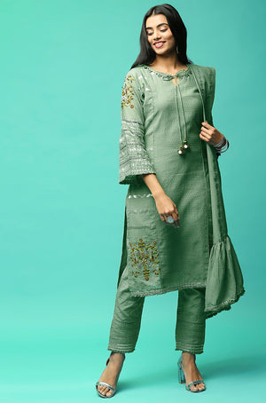 SANJH - Pine Green Three Piece Kurta Set with Intricate Embroidery Work And Coin Details