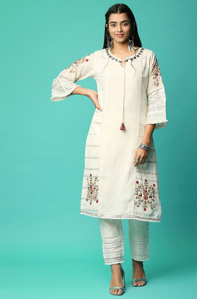 SANJH - Off - White Three Piece Kurta Set with Intricate Embroidery Work And Coin Details