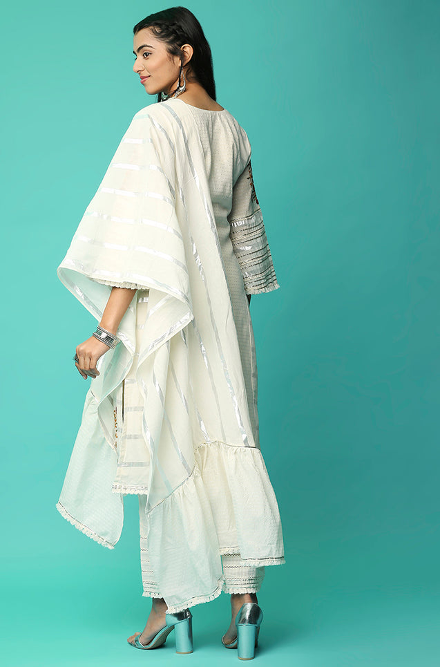 SANJH - Off - White Three Piece Kurta Set with Intricate Embroidery Work And Coin Details
