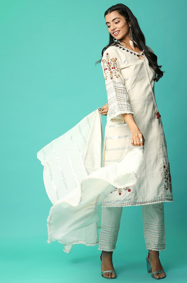 SANJH - Off - White Three Piece Kurta Set with Intricate Embroidery Work And Coin Details