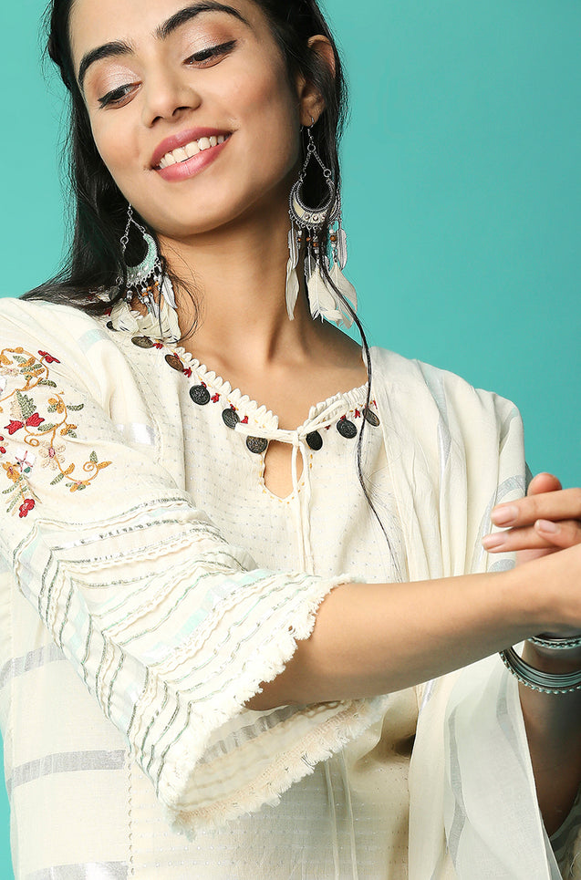 SANJH - Off - White Three Piece Kurta Set with Intricate Embroidery Work And Coin Details