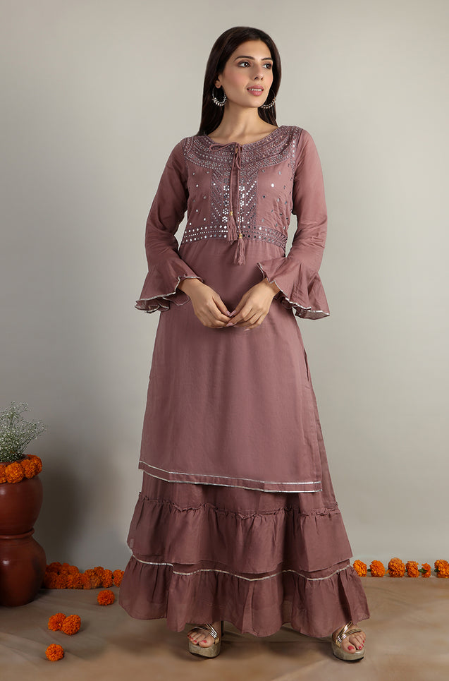 FESTIVE COMFORT - MUL MUL LILAC TWO LAYERED KURTA WITH MIRROR WORK