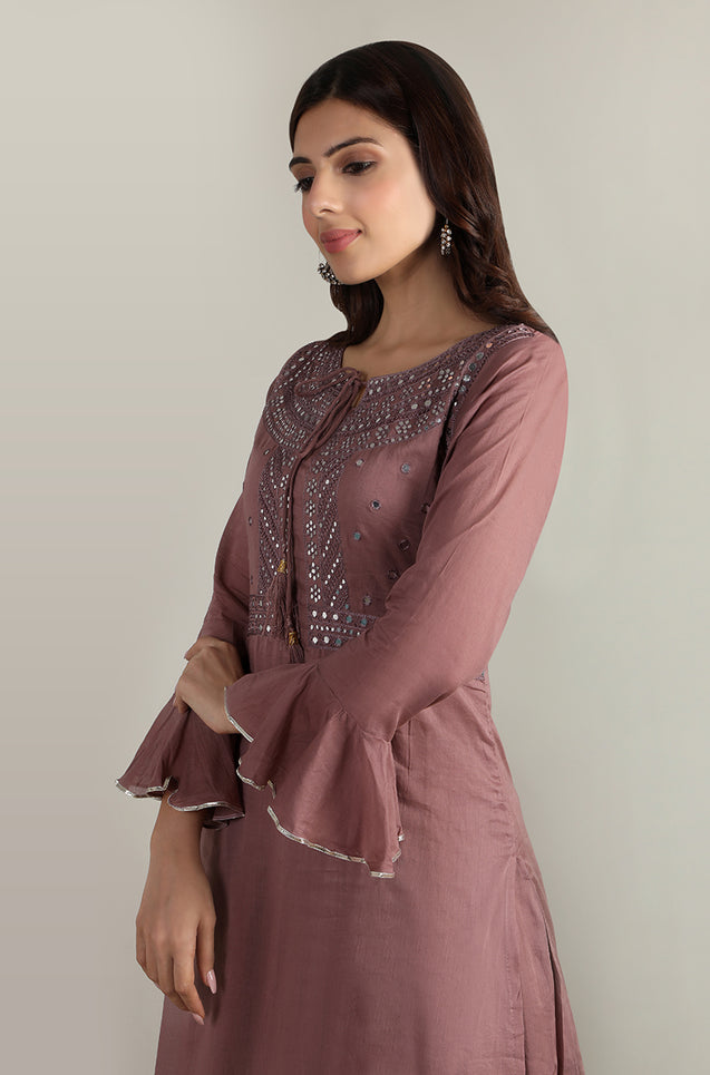 FESTIVE COMFORT - MUL MUL LILAC TWO LAYERED KURTA WITH MIRROR WORK