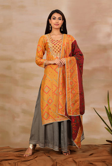 SANJH- Mustard And Wine Pleated Palazzo Pant, Kurta, Dupatta Set