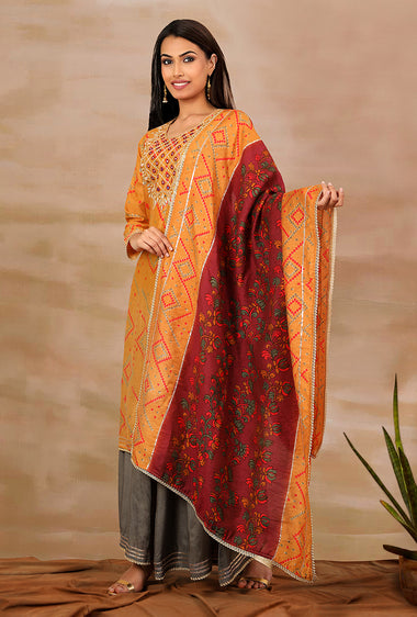 SANJH- Mustard And Wine Pleated Palazzo Pant, Kurta, Dupatta Set