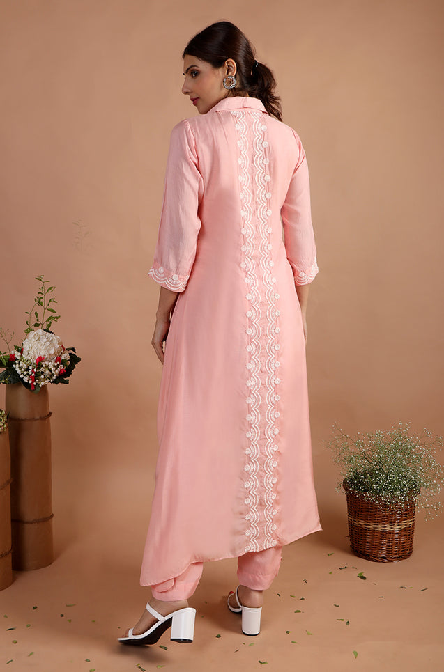 ELEGANT FASHION - PINK HIGH LOW KURTA WITH STRAIGHT PANTS