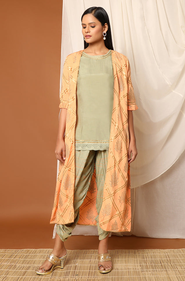Pastel Synergy - Peach and Sage Green Three Piece Set with Jacket