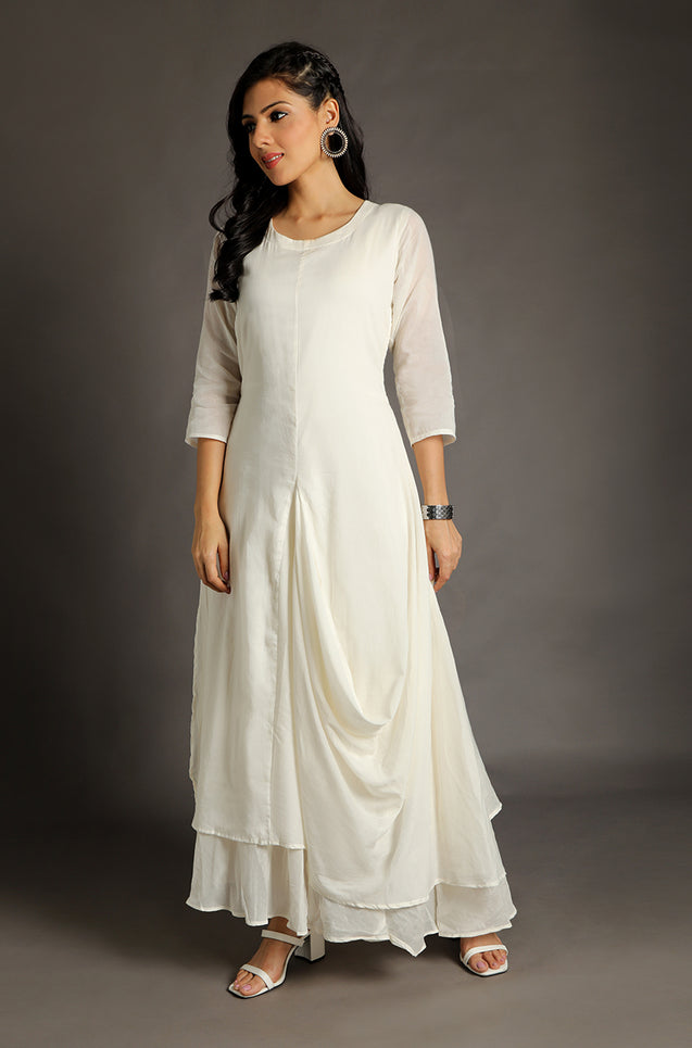 So Stunning - Off-White One Piece Dress with Cowl and Blue Short Koti Jacket