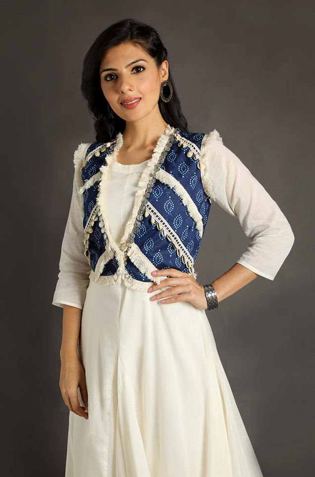 So Stunning - Off-White One Piece Dress with Cowl and Blue Short Koti Jacket