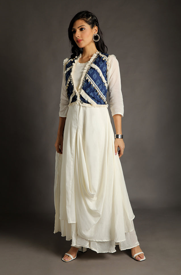 So Stunning - Off-White One Piece Dress with Cowl and Blue Short Koti Jacket
