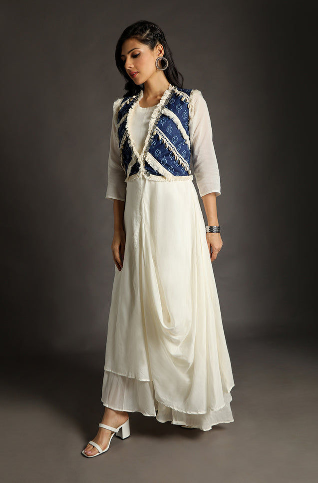So Stunning - Off-White One Piece Dress with Cowl and Blue Short Koti Jacket