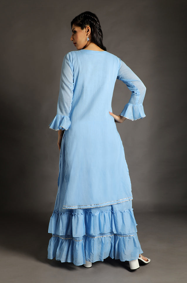 FESTIVE COMFORT - MUL MUL  SHORT TWO LAYERED KURTA WITH MIRROR WORK