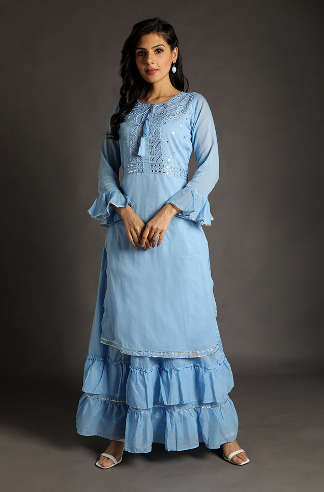 FESTIVE COMFORT - MUL MUL  SHORT TWO LAYERED KURTA WITH MIRROR WORK