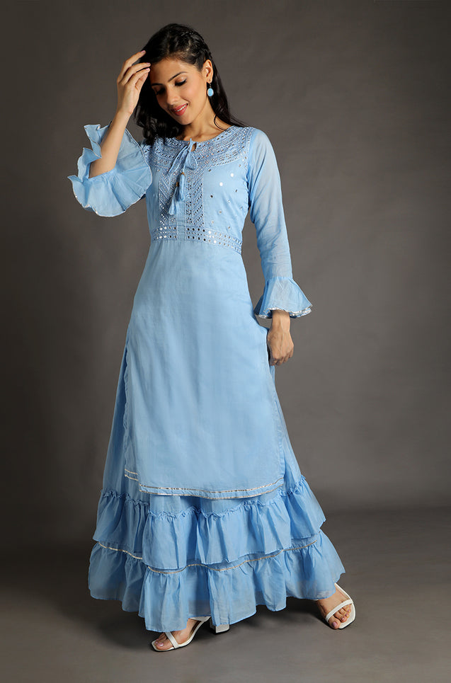 FESTIVE COMFORT - MUL MUL  SHORT TWO LAYERED KURTA WITH MIRROR WORK