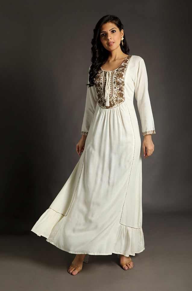 Go Neutral - Off-White Long Gown with Intricate Hand Embroidery