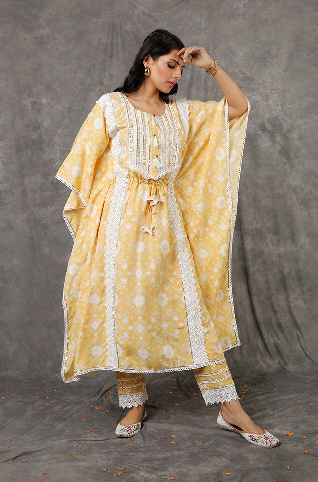 NOOR by ISHNYA - Yellow Long Kaftan Set with Embroidered Pants