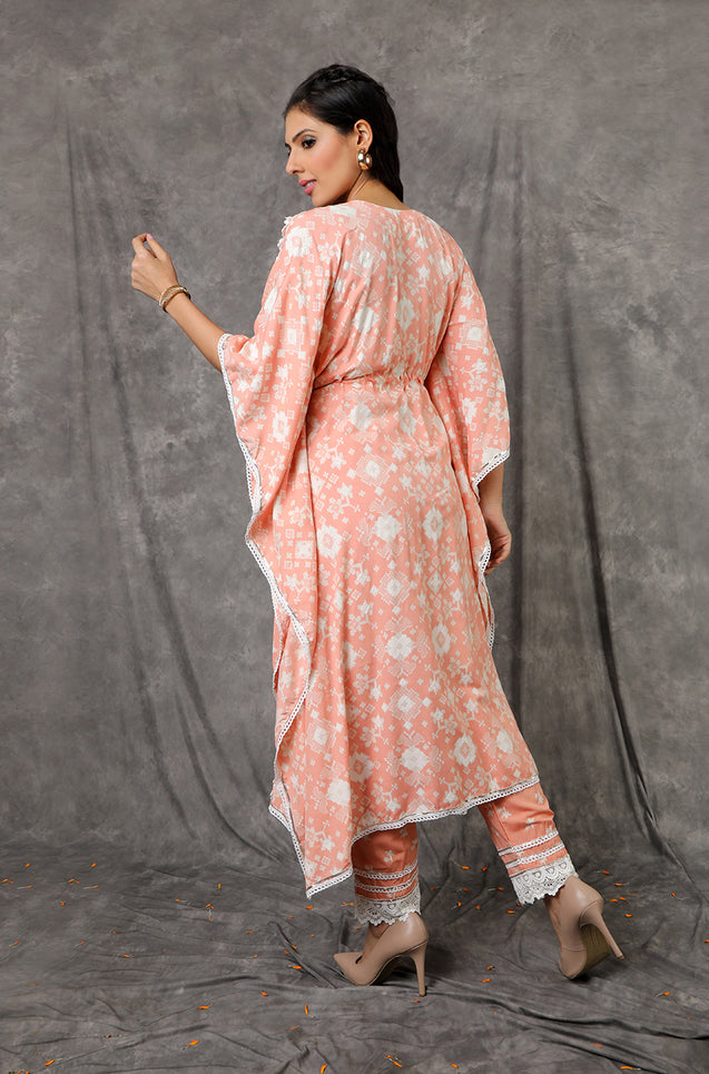 NOOR by ISHNYA - Peach Long Kaftan Set with Embroidered Pants