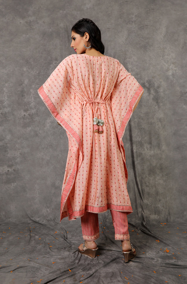 NOOR by ISHNYA - Peach Kaftan Set with Embroidered Pants