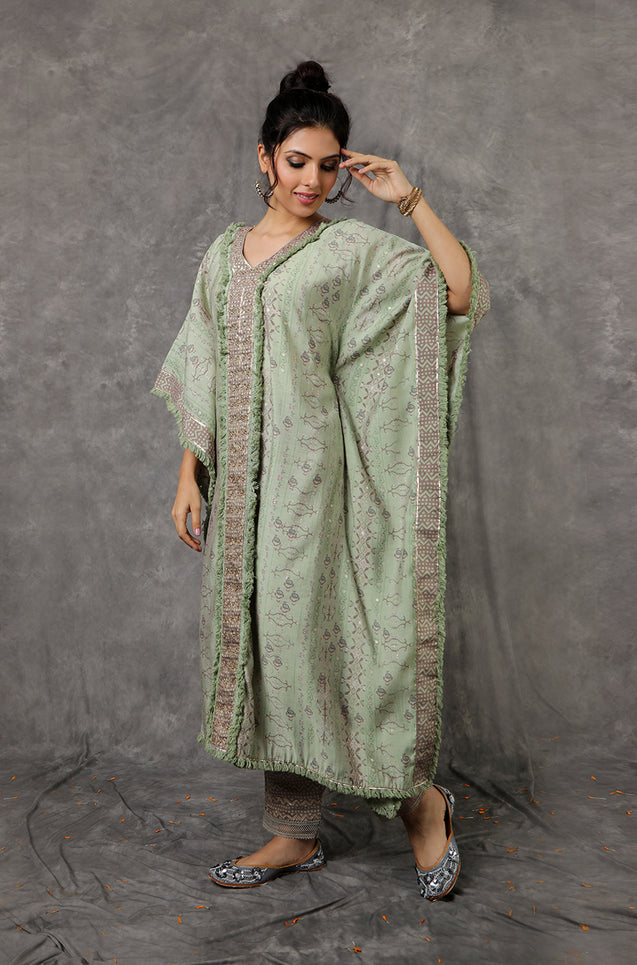 NOOR by ISHNYA - Green Kaftan Set with Embroidered Pants