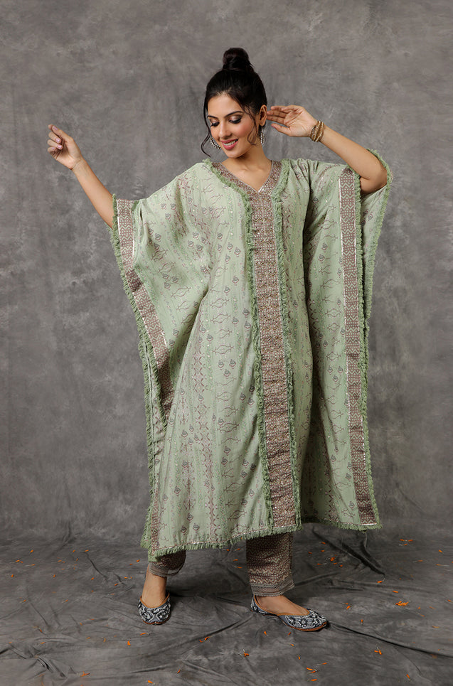 NOOR by ISHNYA - Green Kaftan Set with Embroidered Pants